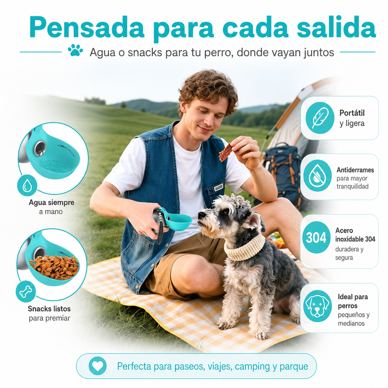 Bebedero Portátil para Perros – Acero Inoxidable, Sin Derrames